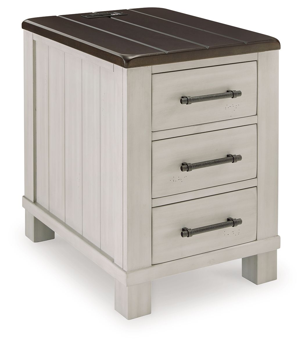 Chair side end table with dark brown top, light gray drawers, and metal bar pulls