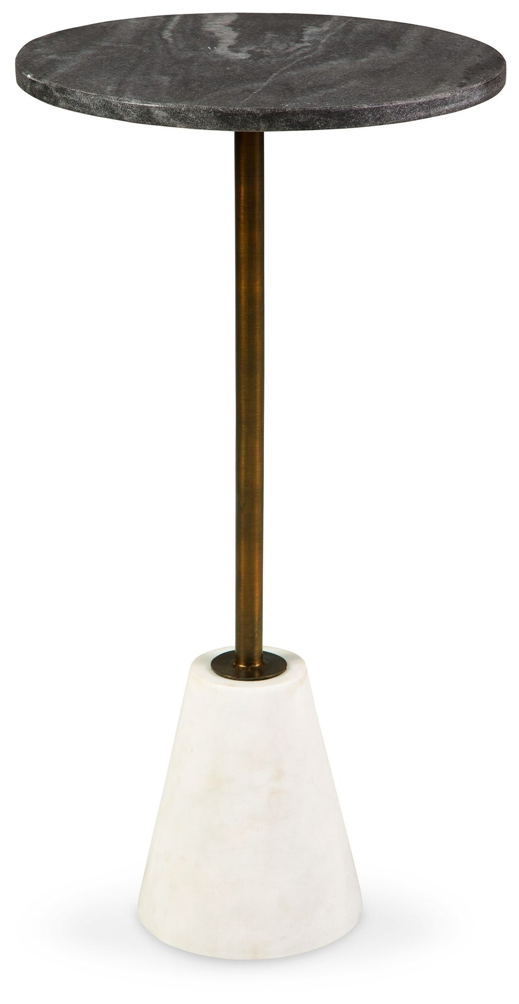 Round accent table with dark marble top, gold pedestal, and white conical base