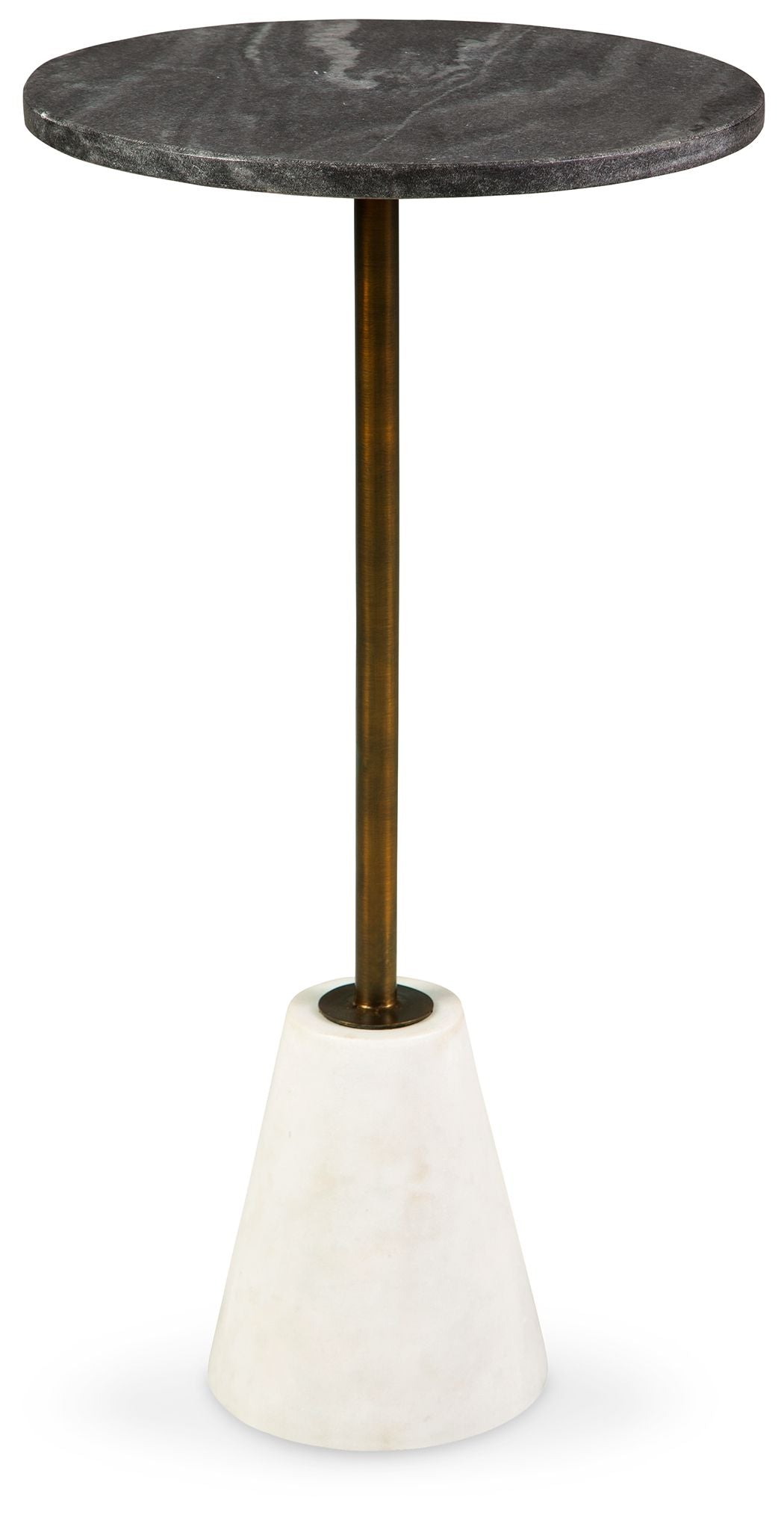 Round accent table with dark marble top, gold pedestal, and white conical base