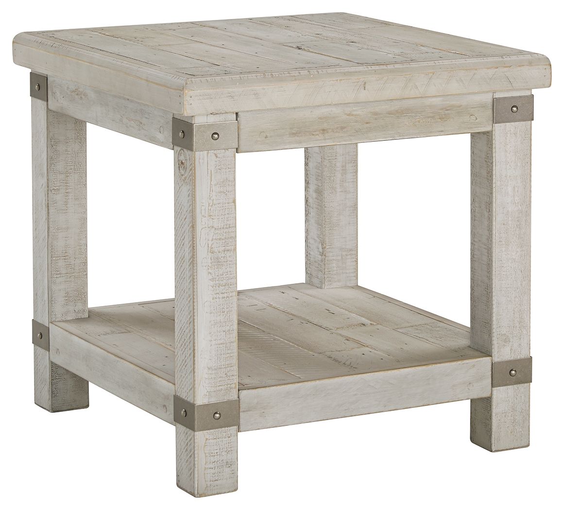 Rectangular end table with whitewashed gray wood and lower shelf, corner view of legs