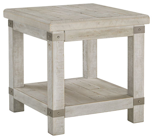 Rectangular end table with whitewashed gray wood and lower shelf, corner view of legs