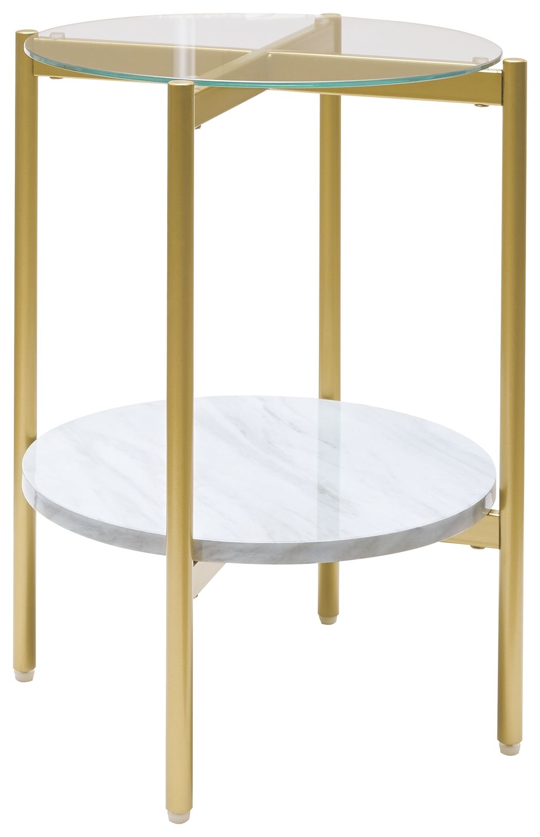 Round end table with clear glass top, white marble-look lower shelf, gold frame