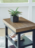 Dark blue side table with light wood top and lower open shelf