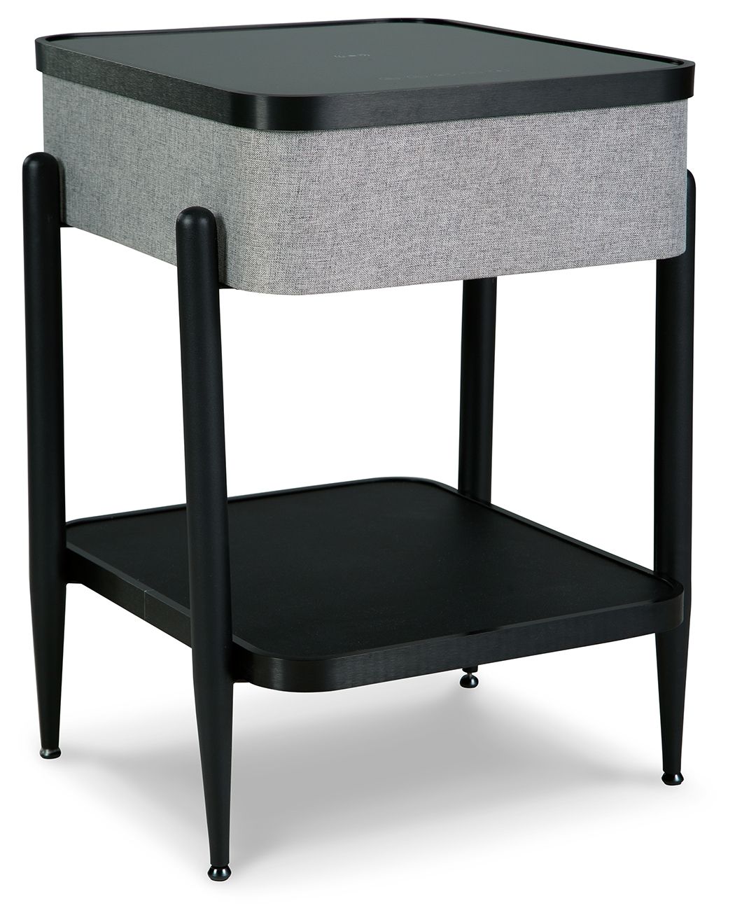Gray and black accent side table with speaker, round top and lower shelf