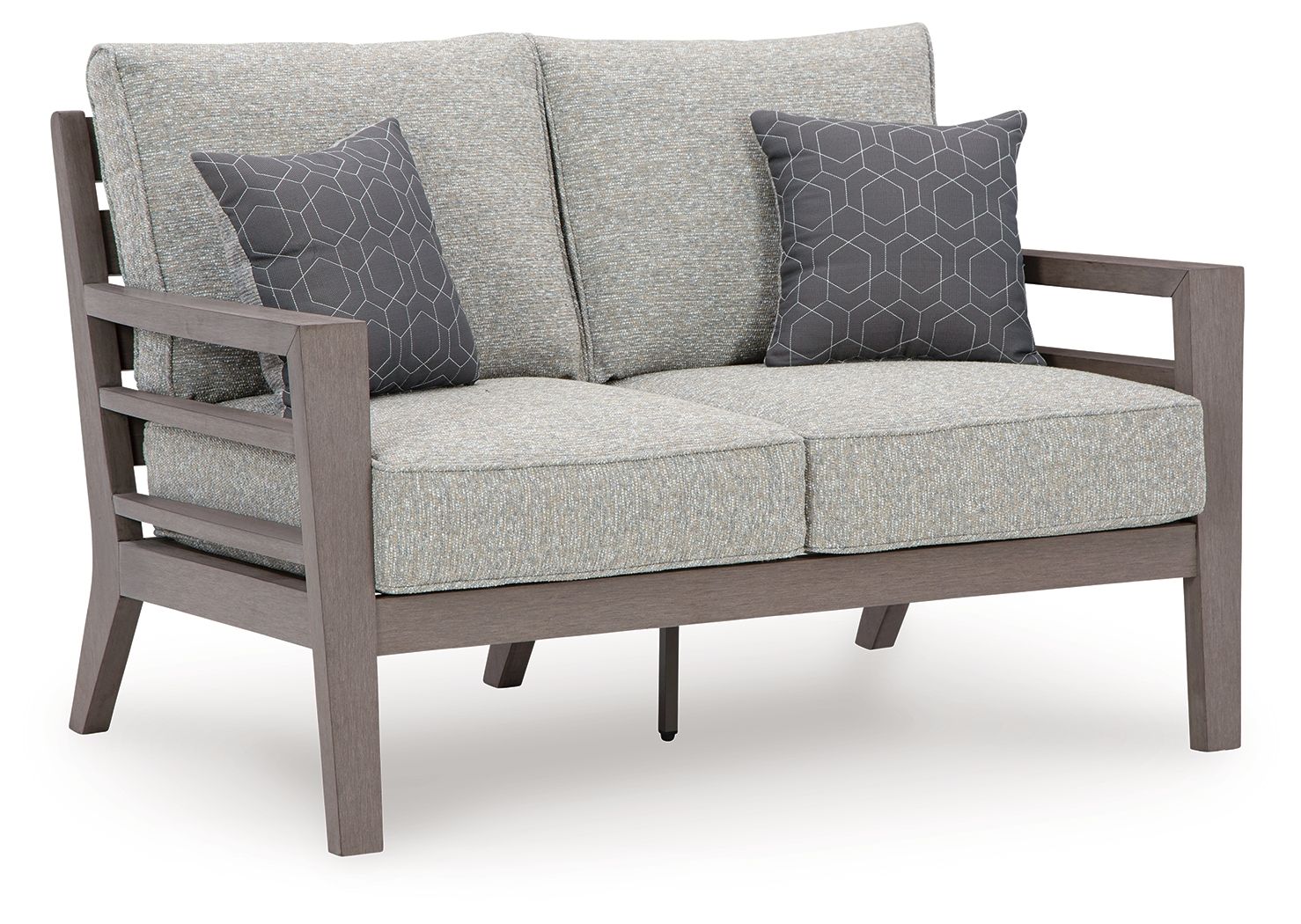 Gray loveseat with two square patterned throw pillows and two matching seat cushions