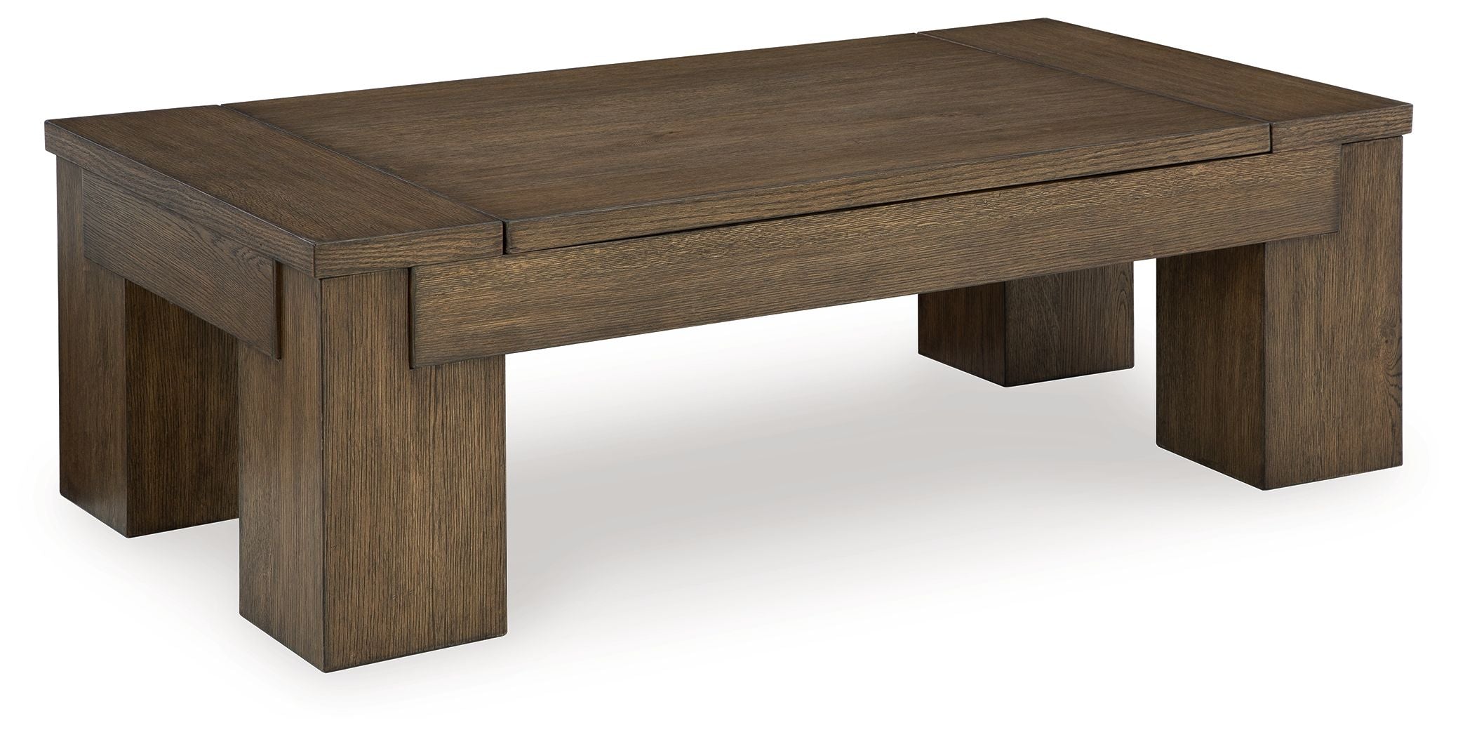 Warm brown lift-top cocktail table with hinged top and open base