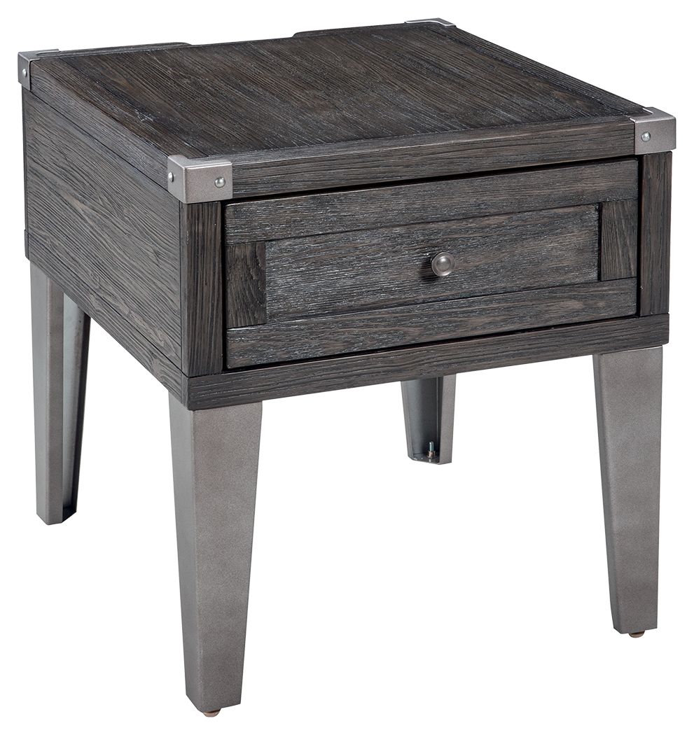 Dark gray rectangular end table with drawer, metal corner brackets, and four legs