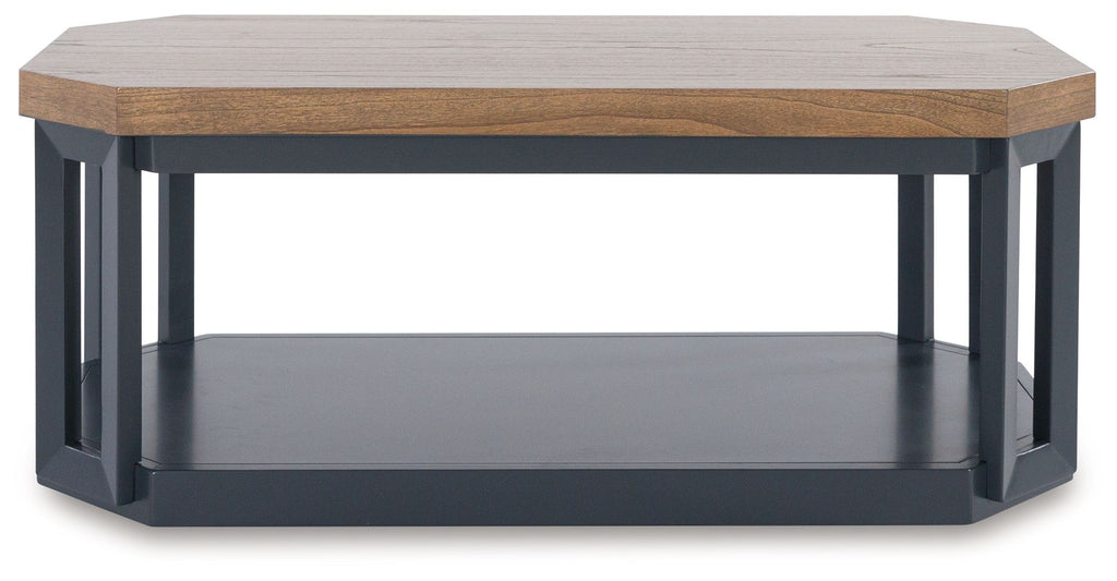 Dark blue coffee table with light wood top and recessed bottom shelf