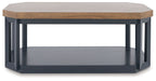 Dark blue coffee table with light wood top and recessed bottom shelf