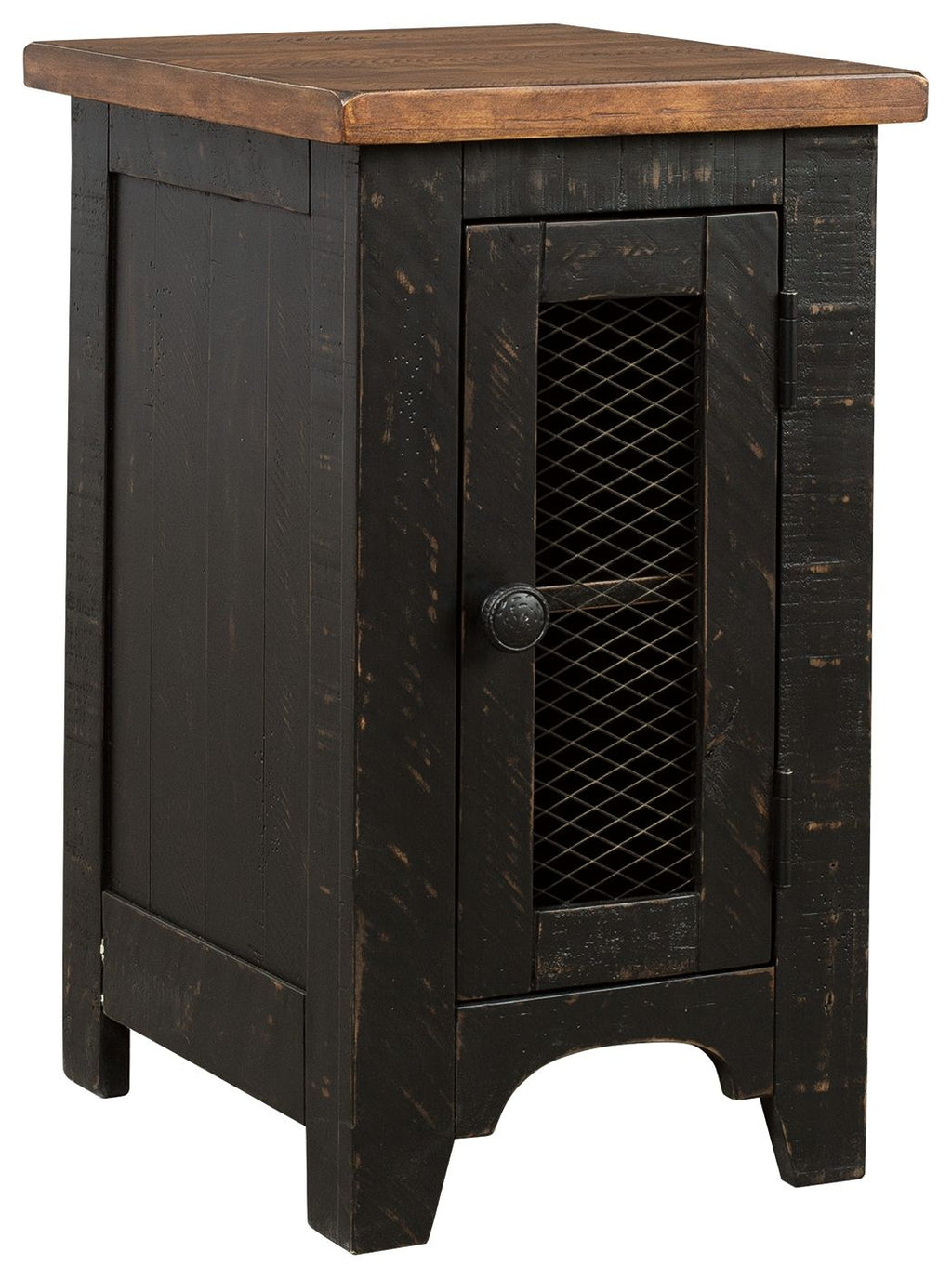 Black and brown chair side end table with paneled door and mesh insert