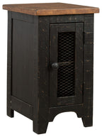 Black and brown chair side end table with paneled door and mesh insert