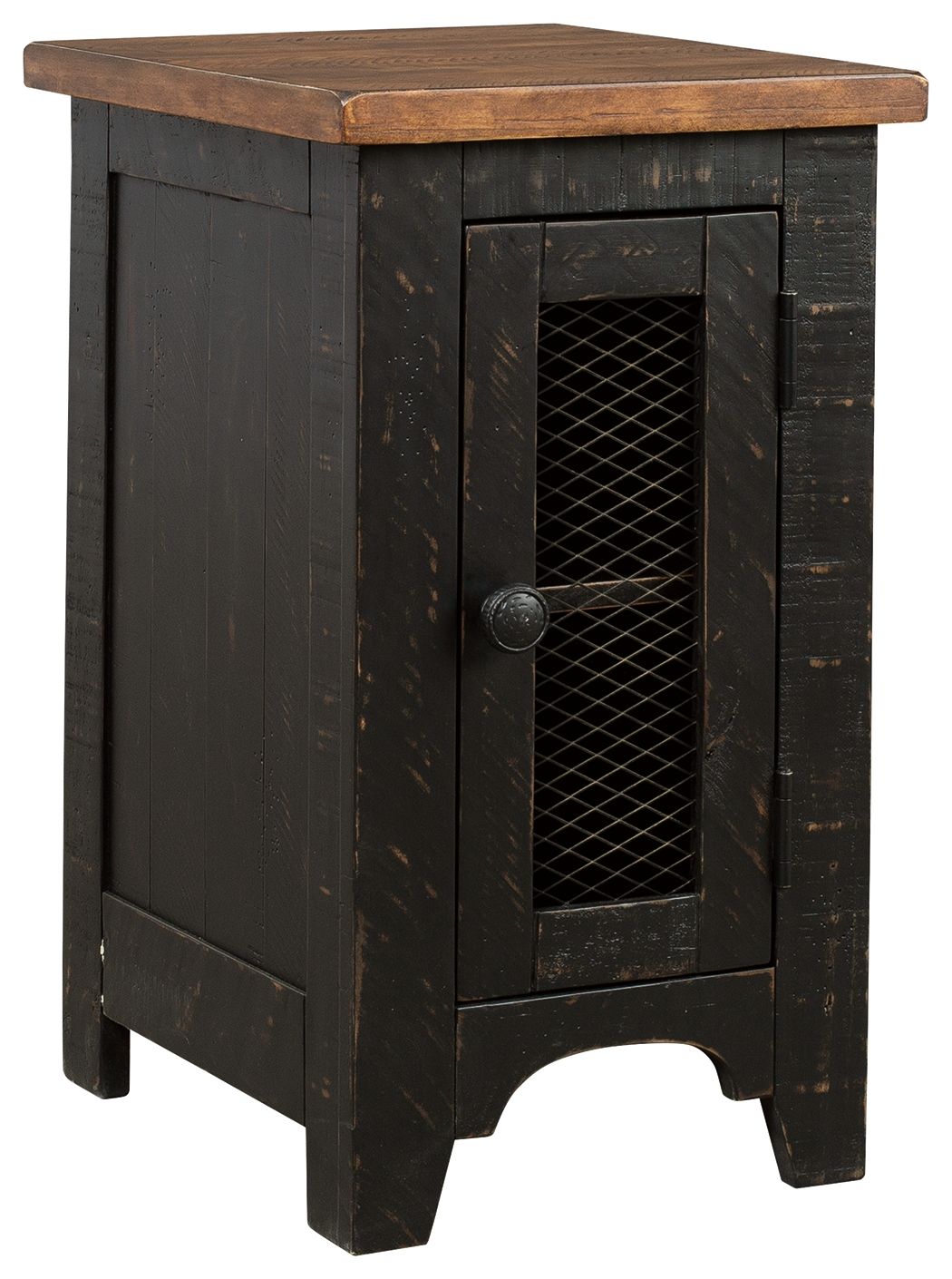 Black and brown chair side end table with paneled door and mesh insert