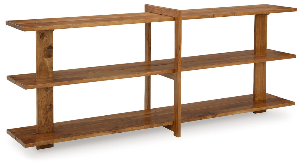 Fayemour brown console sofa table with two open shelves and sturdy vertical frame