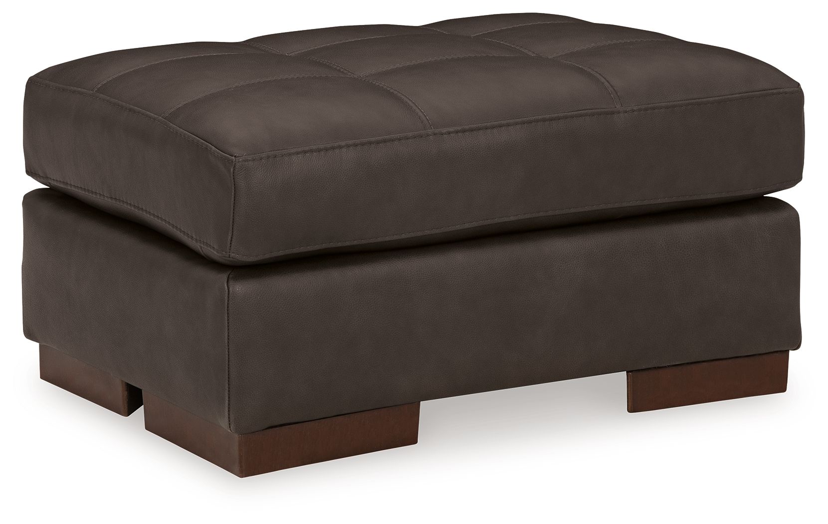 Dark brown tufted upholstered ottoman with square padded top and wooden feet