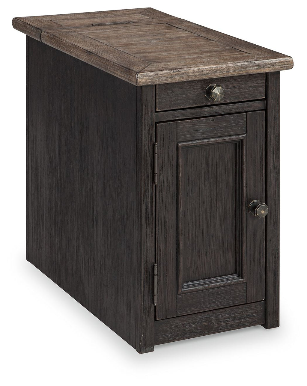 Dark gray-brown chair side end table with drawer, cabinet door, and metal knobs