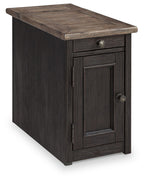 Dark gray-brown chair side end table with drawer, cabinet door, and metal knobs