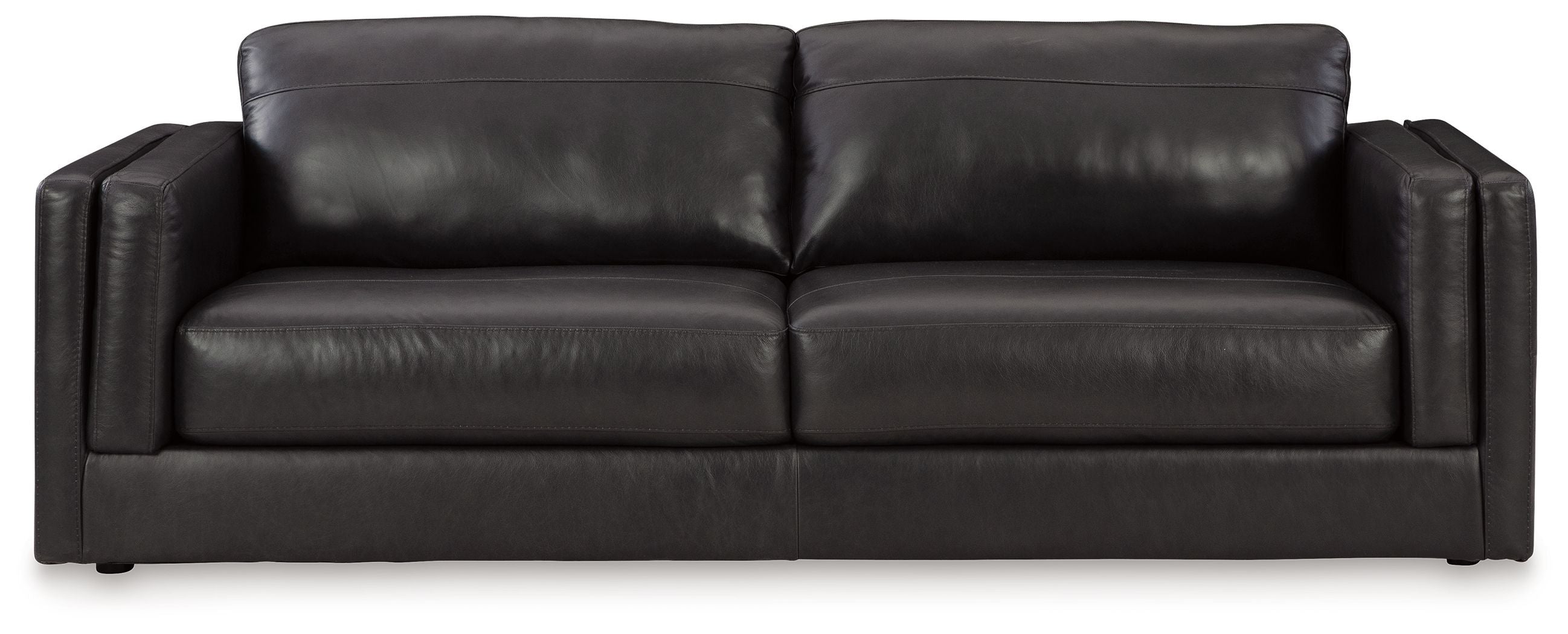 Dark leather sofa with two seat cushions and rolled arms