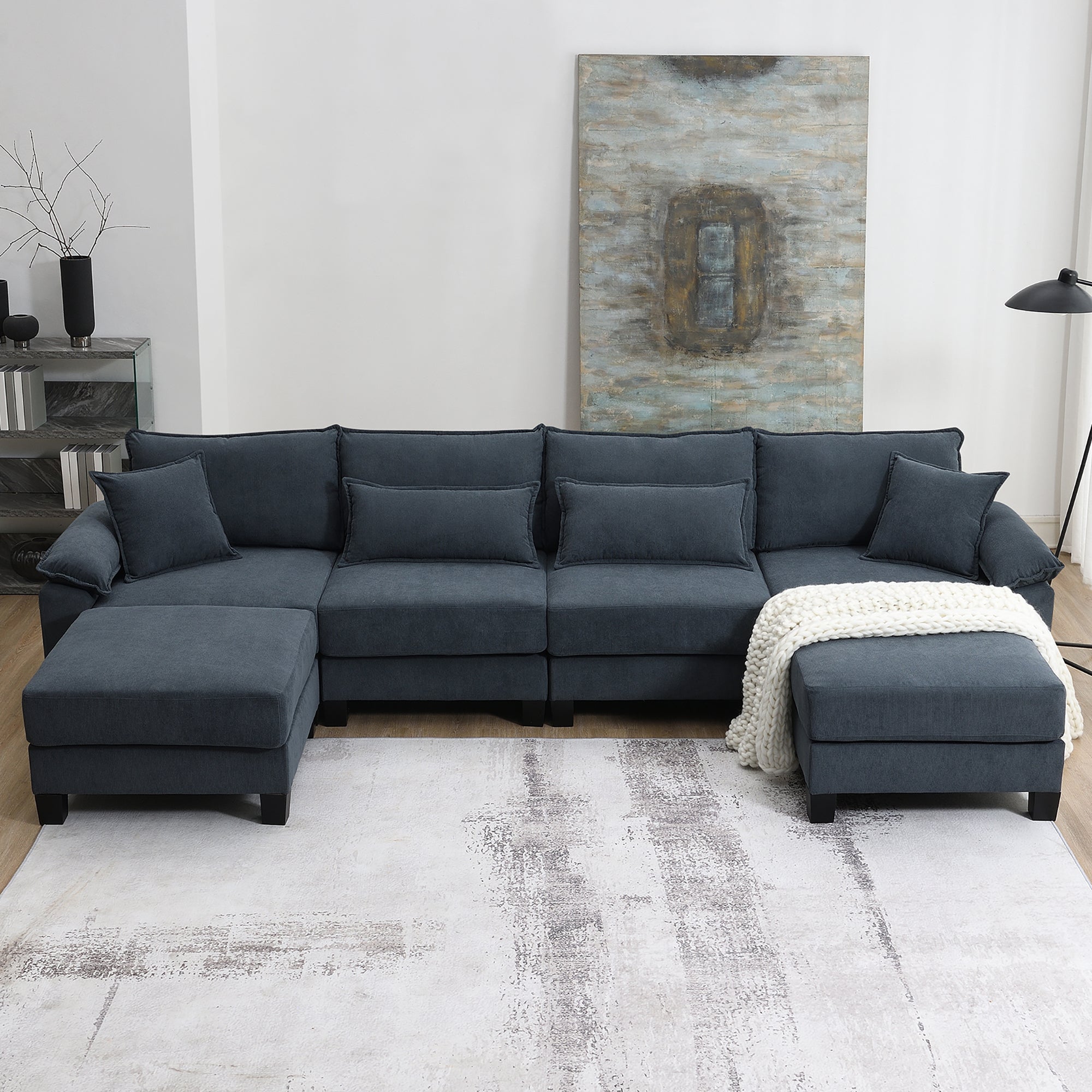 133*65" Corduroy Modular Sectional Sofa - U Shaped Couch with Armrest Bags - 6 Seat Freely Combinable Sofa Bed - Comfortable and Spacious Indoor Furniture for Living Room - Available in 2 Colors