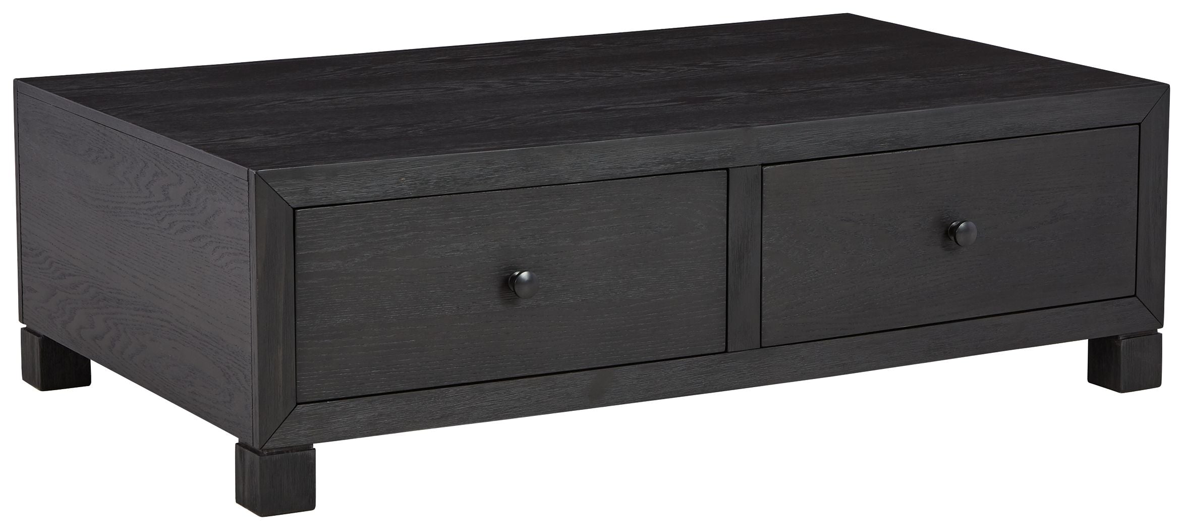 Dark wood cocktail table with storage drawers, two front drawers and square legs