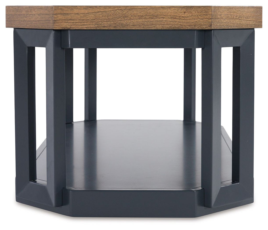 Dark blue end table with light wood top and open lower shelf
