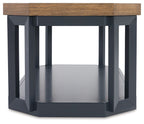 Dark blue end table with light wood top and open lower shelf