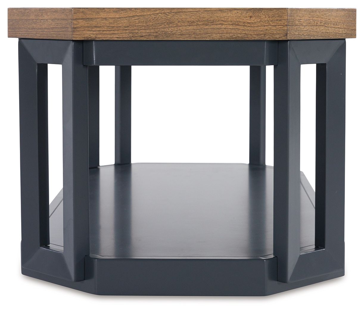 Dark blue end table with light wood top and open lower shelf