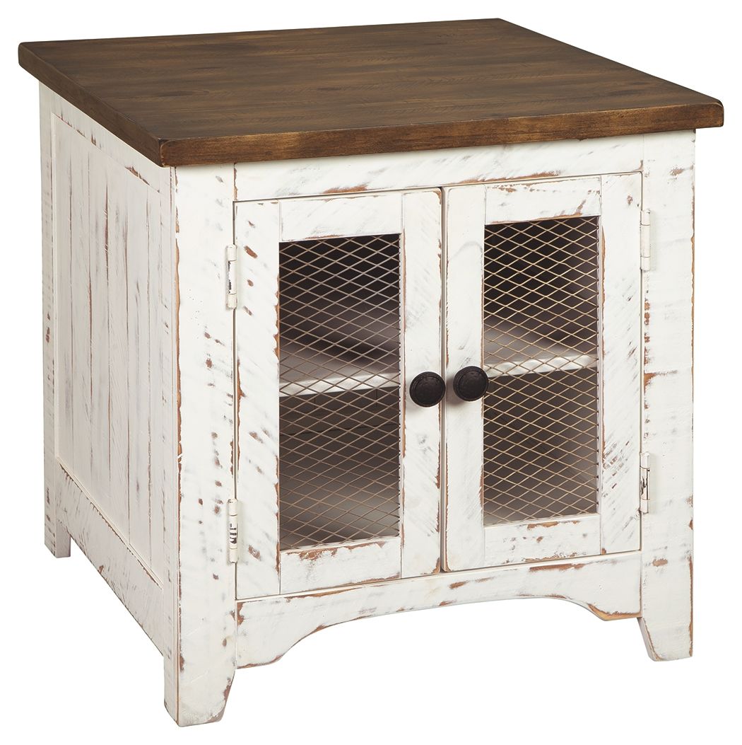 Rectangular end table, white distressed finish, two doors with dark metal mesh