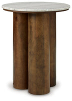 Henfield accent table: round beige stone top, dark brown wooden pedestal