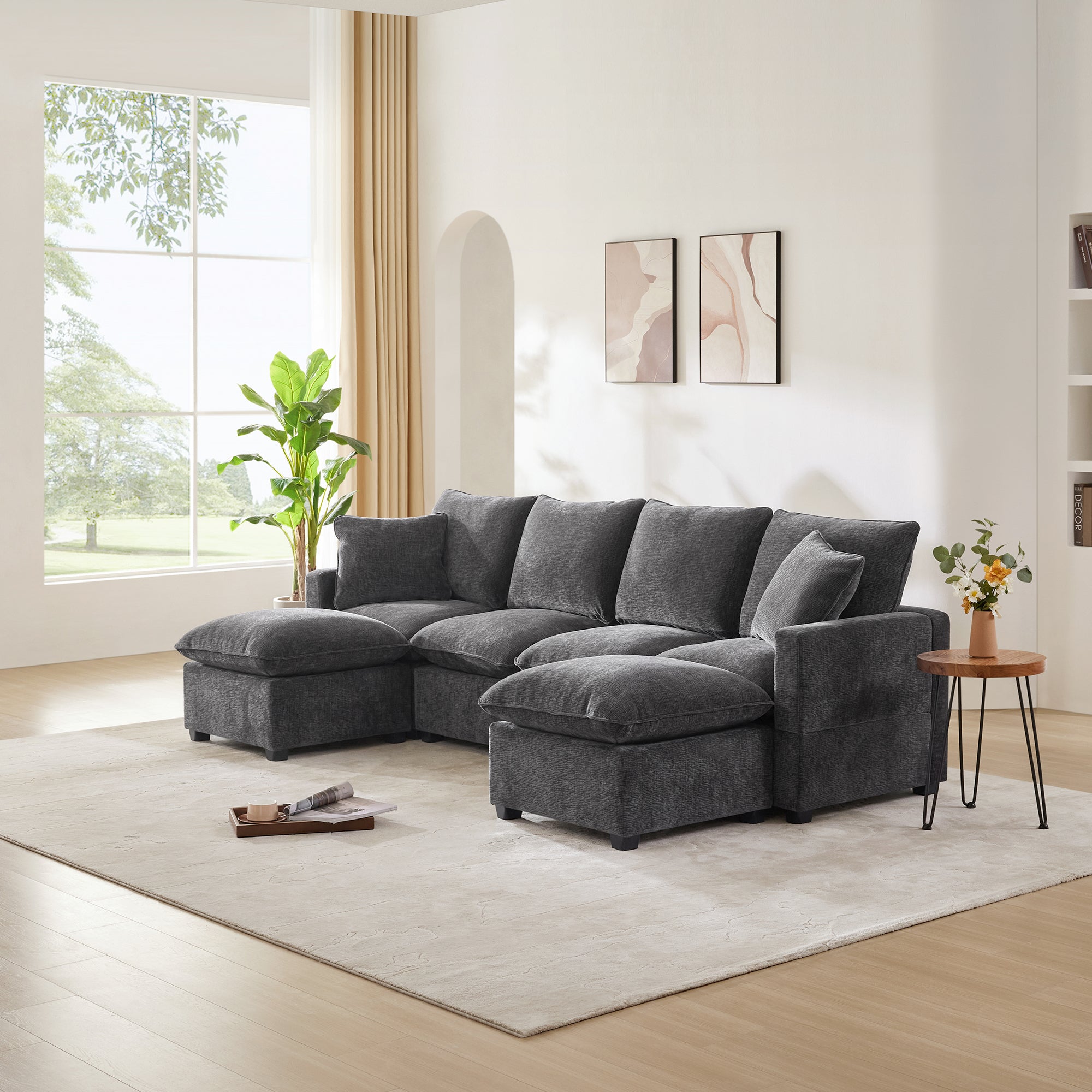 110*57" Modern U Shape Modular Sofa - 6 Seat Chenille Sectional Couch Set with 2 Pillows Included - Freely Combinable Indoor Furniture for Living Room, Apartment, Office - Available in 2 Colors